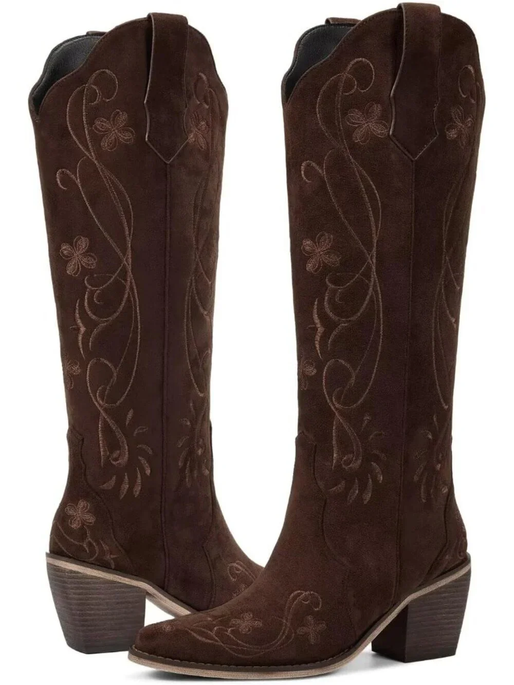 Women's Chocolate Floral Knee High Cowgirl Boots Embroidered Pointed Chunky Heel